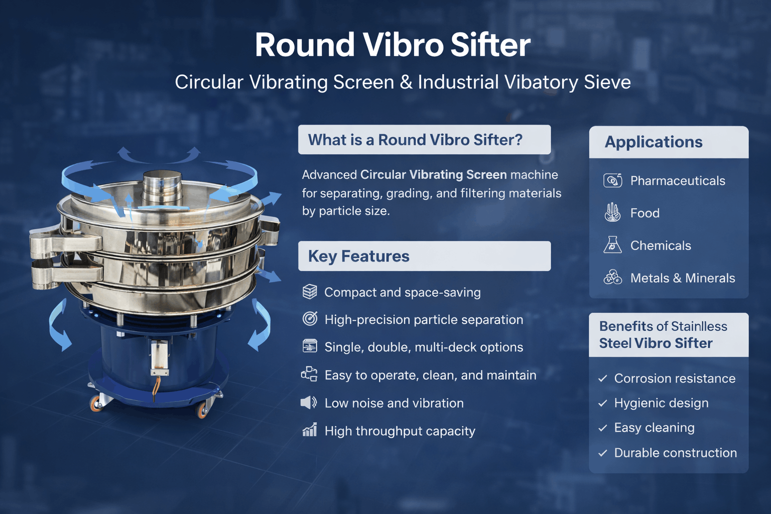 Round Vibro Sifter machine showing circular vibrating screen for industrial vibratory sieve and stainless steel vibro sifter applications