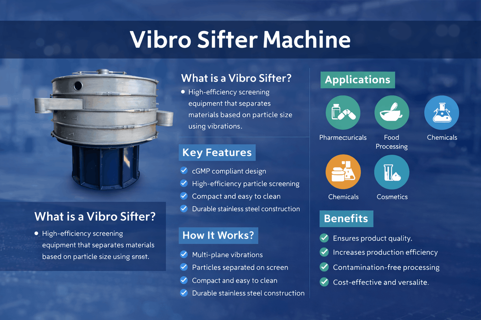Vibro Sifter Machine used for industrial and pharmaceutical powder sieving and particle separation
